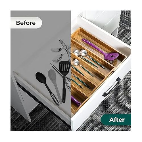  Utoplike Acacia Kitchen Drawer Organizer Expandable, Large Utensils and Cutlery Tray, Adjustable Silverware Divider for Knives Flatware