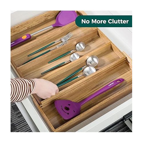  Utoplike Acacia Kitchen Drawer Organizer Expandable, Large Utensils and Cutlery Tray, Adjustable Silverware Divider for Knives Flatware