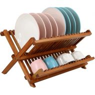 Utoplike Teak Dish Drainer Rack Collapsible 2 Tier Dish Rack Dish Drying Rack Foldable Plate Organizer Holder for Kitchen Compact