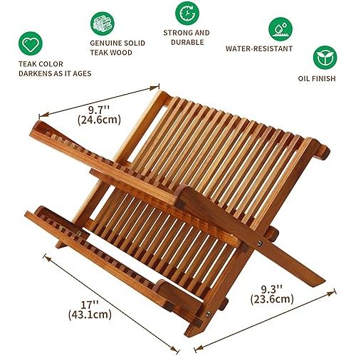  Utoplike Teak Dish Drainer Rack Collapsible 2 Tier Dish Rack Dish Drying Rack Foldable Plate Organizer Holder for Kitchen Compact