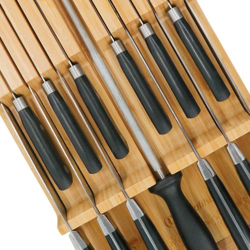  Utoplike in-Drawer Knife Block Bamboo Kitchen Knife Drawer Organizer,Large Handle Steak Knife Holder Without Knives, fit for 12 Knives and 1 Sharpening Steel