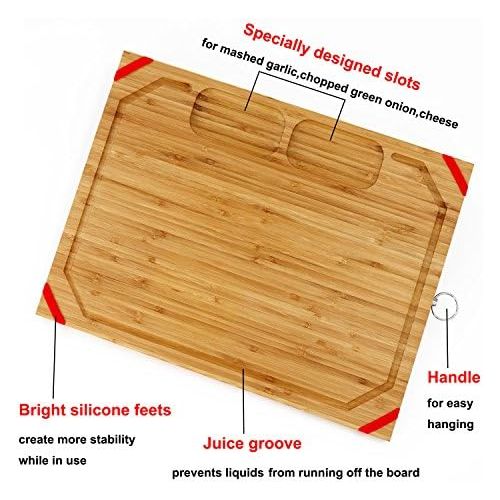  [아마존베스트]Utoplike Chopping Board Wooden Large for Kitchen, Bamboo Chopping Board, 45 x 33 x 2 cm, Ultimate Tray with Cut Juice Groove and 2 Built-In Compartments, Non-Slip Silicon Protectio