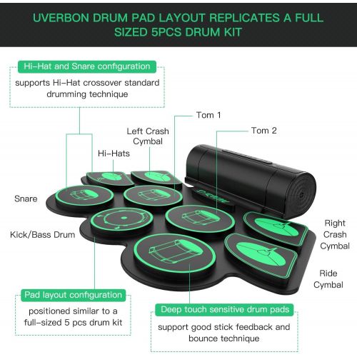  [아마존베스트]Uverbon Electronic Drum Kit, Supports DTX Kits, Hand, Roll-Up Drum Kit, 9 Silicone Drum Pads, Built-in Stereo Speaker, Bluetooth, MIDI for Children, Beginners