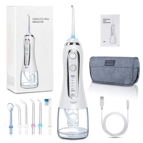  [아마존 핫딜]  [아마존핫딜]Munddusche Elektrisch Kabellos, Uvistare Professional Wasser Flosser Oral Irrigator IPX7 Wasserdicht, Zahnreiniger mit 300ML Wassertank 5 Modi und 6 Duesen, Weiss