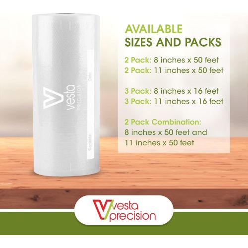  V Vesta Precision Vesta Vacuum Sealer Bags Rolls | 8x50 and 11x50 2 pack | ideal for Food Saver, Seal a Meal | BPA Free, Heavy Duty | Great for food vac storage or sous vide