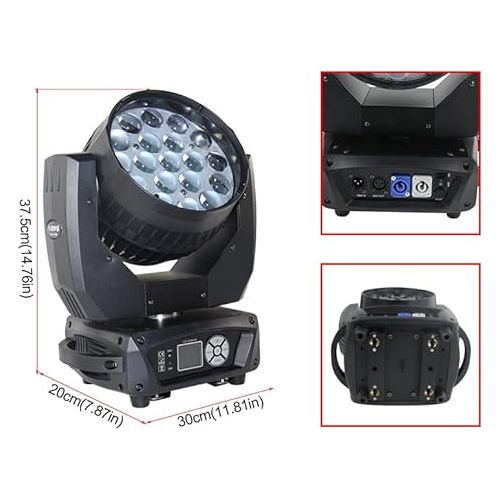  19x15W RGBW 4IN1 AURA Zoom Wash Moving Head Light with Backlight Led- LED Beam Zoom Moving Lights, Stage Led moving head lighting for Dj Disco and Party (Black)