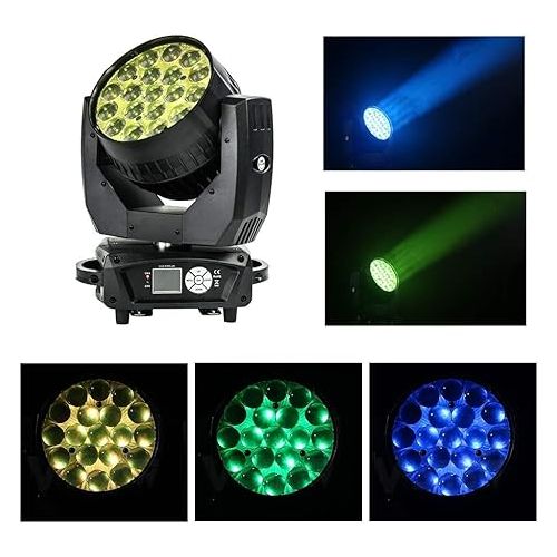  19x15W RGBW 4IN1 AURA Zoom Wash Moving Head Light with Backlight Led- LED Beam Zoom Moving Lights, Stage Led moving head lighting for Dj Disco and Party (Black)