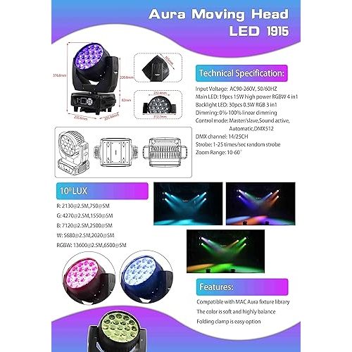  19 * 15W RGBW 4IN1 Aura Zoom Wash Moving Head Light with Folding clamp - LED Beam Zoom Moving Lights,Led Backlight,Stage Led Moving Head Lighting for Dj Disco and Party