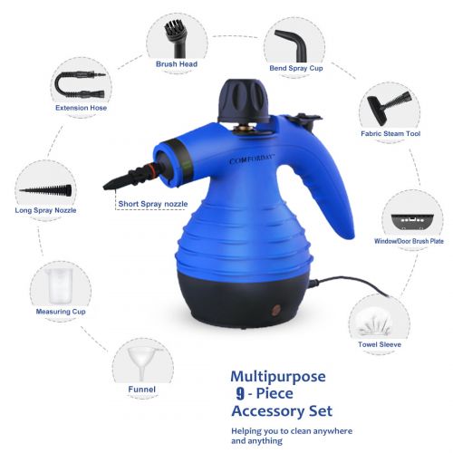 제네릭 Generic Comforday Handheld Pressurized Steam Cleaner Multi-Purpose Electric Steam Cleaner plus 9 Assorted attachments and Accessories with Long Spray Nozzle, Round Brush Nozzle + More Blue