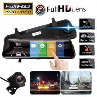 Generic 10 Dual Lens Stream Media HD 1080P Full Screen Touch Car Rear View Mirror DVR Camera Dash Cam with Night Vision, Video Recording, G-Sensor, Motion Detection