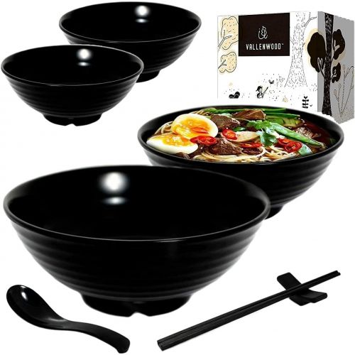  [아마존베스트]VALLENWOOD 4 set (16 piece) Ramen Bowl Set, Asian Japanese soup with Spoons Chopsticks and Stands, Restaurant Quality Melamine, Large 32 oz for Noodles, Pho, Noodle, Udon, Thai, Chinese dinne