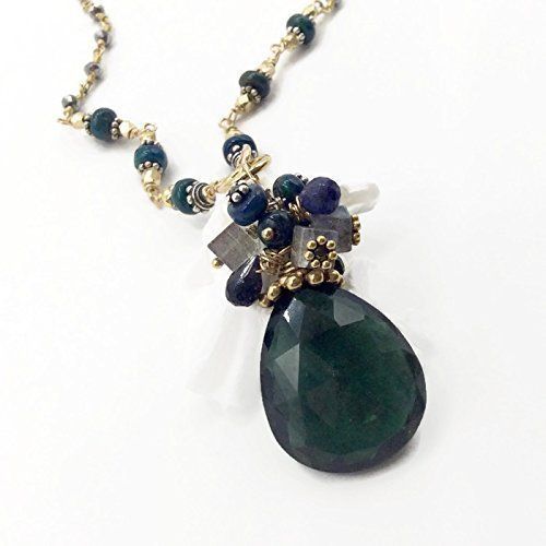  VAN DER MUFFINS JEWELS Statement Green Aventurine Pendant Necklace | Black Opal Beaded Gemstone Wire Wrap Jewelry Gifts | 19 In