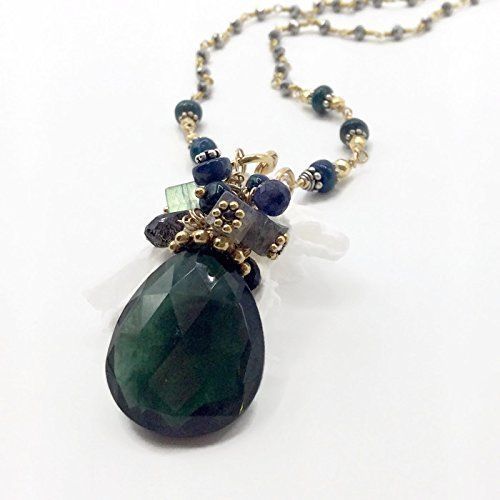  VAN DER MUFFINS JEWELS Statement Green Aventurine Pendant Necklace | Black Opal Beaded Gemstone Wire Wrap Jewelry Gifts | 19 In