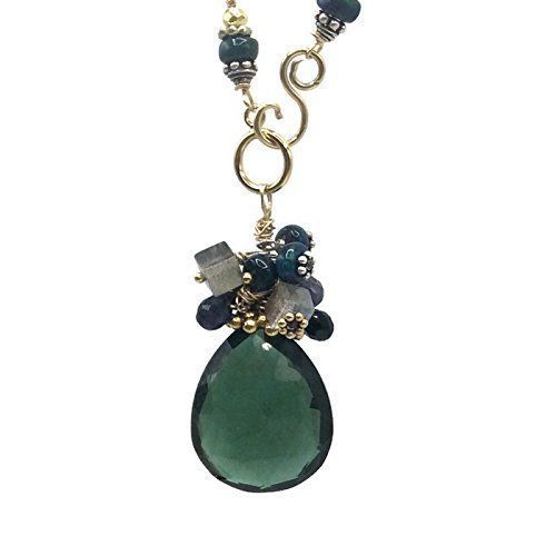  VAN DER MUFFINS JEWELS Statement Green Aventurine Pendant Necklace | Black Opal Beaded Gemstone Wire Wrap Jewelry Gifts | 19 In