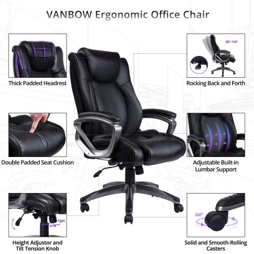  VANBOW Leather Memory Foam Office Chair - Adjustable Lumbar Support Knob and Tilt Angle High Back Executive Computer Desk Chair, Thick Padding for Comfort Ergonomic Design for Lumb