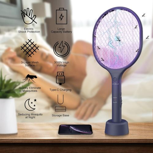  VANELC Bug Zapper Racket-Upgrade 2022 Rechargeable Electric Fly Swatter Racket-Portable 2-in-1 Mosquito Killer Trap with 3 Layer Safety Mesh for Home, Bedroom, Patio Use-3000V Grid