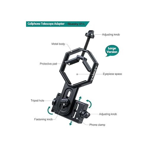  Large Telescope Phone Mount, Metal Phone Adapter for Spotting Scope, Monocular, Binocular - Fits iPhone, Samsung and More Smartphone (Bluesky V1-L)