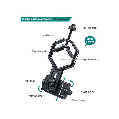  Vankey Large Telescope Phone Mount, Metal Phone Adapter for Spotting Scope, Monocular, Binocular - Fits iPhone, Samsung and More Smartphone (Bluesky V1-L)