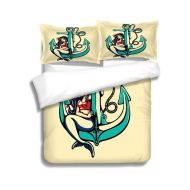 VANKINE MTSJTliangwan Family Bed Siren Mermaid pin up Girl Sitting on Anchor Sailor Tattoo Vector 3 Piece Bedding Set with Pillow Shams, Queen/Full, Dark Orange White Teal Coral