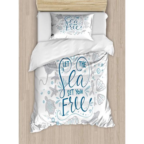  VANKINE Full Bedding Sets for Boys,Nautical Duvet Cover Set,Let The Sea Set You Free Quote with Shellfish Turtle and Stingray,Include 1 Flat Sheet 1 Duvet Cover and 2 Pillow Cases
