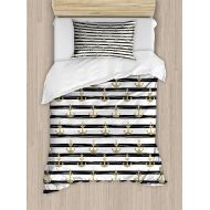 VANKINE Full Bedding Sets for Boys,Anchor Duvet Cover Set,Horizontal Black Stripes with Nautical Symbols Marine Theme Cruise Ocean Trip,Include 1 Flat Sheet 1 Duvet Cover and 2 Pil