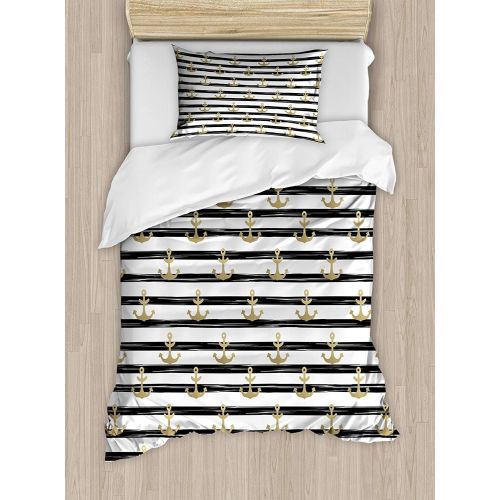  VANKINE Full Bedding Sets for Boys,Anchor Duvet Cover Set,Horizontal Black Stripes with Nautical Symbols Marine Theme Cruise Ocean Trip,Include 1 Flat Sheet 1 Duvet Cover and 2 Pil