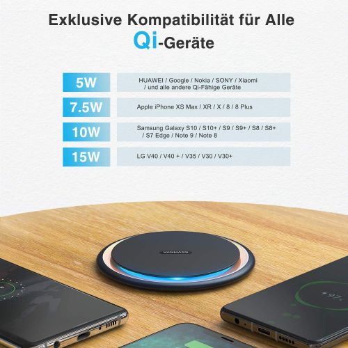  [아마존 핫딜]  [아마존핫딜]VANMASS Fast Wireless Charger Qi 15W Induktive Ladestation Aluminium 15W/10W/7.5W/5W Wireless Ladegerat fuer iPhone XS/XR/X/8, Samsung Galaxy S10+/S10/S9+/S9 Huawei Mate 20 Pro Alle