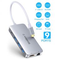 [아마존 핫딜]  [아마존핫딜]VANMASS USB C Hub 9 in 1 Aluminium USB C Adapter 4 Chips mit Type C PD (90W) 4K HDMI Anschluss 4 USB 3.0 Ports SD/TF Kartenleser RJ45 Gigabit Ethernet Port fuer Macbook Air/Pro und