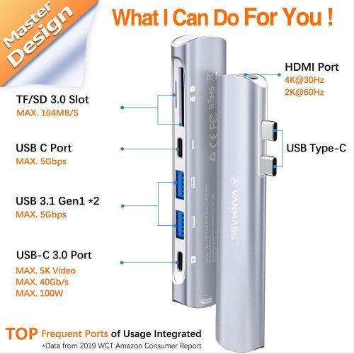  USB C Hub, VANMASS 7-in-1 Type C Adapter Dongle for MacBook Air 2018, MacBook Pro 201820172016, with 4K HDMI, 2 USB 3.0 Ports, Thunderbolt 3 5K@60Hz, 100W Power Delivery, SD Card