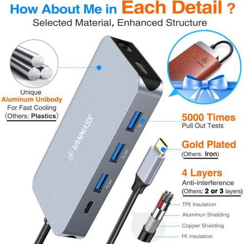  VANMASS USB C Hub, 9-in-1 USB C Adapter 4K HDMI, 90W PD, Ethernet, SDTF Card Reader, 4 USB 3.0 Ports, Compatible with MacBook Pro 20161718, XPS, Chromebook Pix and More Type C L