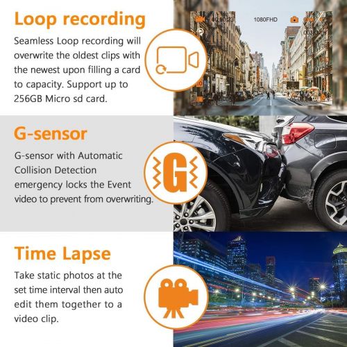  VANTRUE T2 1080P 24/7 Recording Dash Cam with Motion Detection Parking Mode, 2 LCD Car Camera with Capacitor, Night Vision, OBD Hardwired Cable, G-Sensor, Loop Recording, Support 2