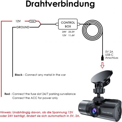  VANTRUE Adjustable USB C Hardwire Kit with 2 Levels for N4/N2S/T3 Dash Cam, 12V/24V to 5V, Fuse Holder with Low Voltage Protection, 24Hours Parking Monitoring, Compatible with Othe