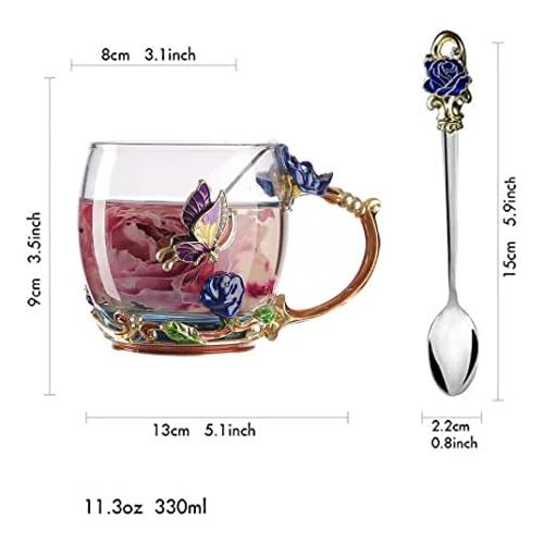  [아마존베스트]VANUODA Enamels Butterfly Flower Tea Cup, Glass Coffee Mugs with Spoon, Valentines Mothers Day Christmas Gifts for Women Wife Mom Her Grandma Girls Teacher Friends, Birthday Presen