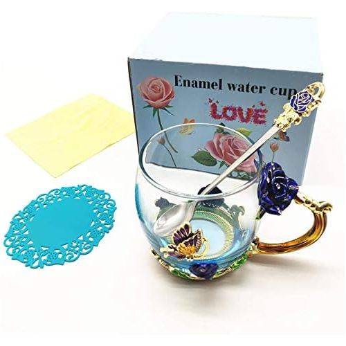  [아마존베스트]VANUODA Enamels Butterfly Flower Tea Cup, Glass Coffee Mugs with Spoon, Valentines Mothers Day Christmas Gifts for Women Wife Mom Her Grandma Girls Teacher Friends, Birthday Presen