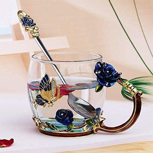  [아마존베스트]VANUODA Enamels Butterfly Flower Tea Cup, Glass Coffee Mugs with Spoon, Valentines Mothers Day Christmas Gifts for Women Wife Mom Her Grandma Girls Teacher Friends, Birthday Presen