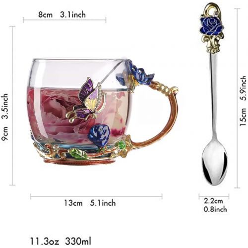  [아마존베스트]VANUODA Enamels Butterfly Flower Tea Cup, Glass Coffee Mugs with Spoon, Valentines Mothers Day Christmas Gifts for Women Wife Mom Her Grandma Girls Teacher Friends, Birthday Presen