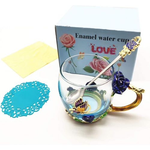  [아마존베스트]VANUODA Enamels Butterfly Flower Tea Cup, Glass Coffee Mugs with Spoon, Valentines Mothers Day Christmas Gifts for Women Wife Mom Her Grandma Girls Teacher Friends, Birthday Presen