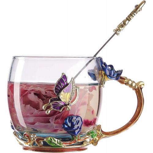  [아마존베스트]VANUODA Enamels Butterfly Flower Tea Cup, Glass Coffee Mugs with Spoon, Valentines Mothers Day Christmas Gifts for Women Wife Mom Her Grandma Girls Teacher Friends, Birthday Presen