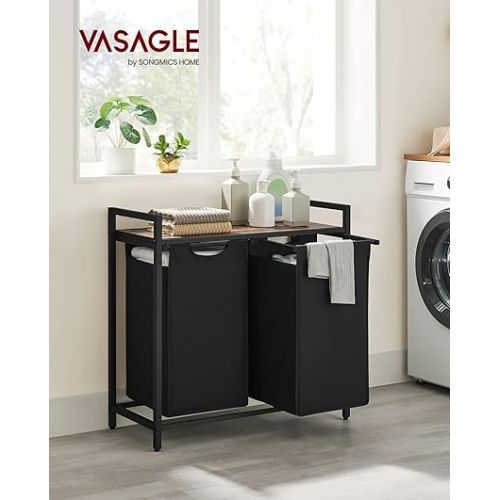  VASAGLE Laundry Hamper, Laundry Basket, Laundry Sorter with 2 Pull-Out and Removable Bags, Shelf, Metal Frame, 2 x 12.1 Gallons (46L), 28.8 x 13 x 28.4 Inches, Rustic Brown and Black UBLH201B01