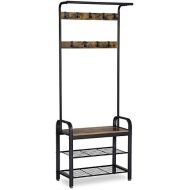 [아마존 핫딜]  [아마존핫딜]VASAGLE Industrial Coat Rack Shoe Bench, Hall Tree Entryway Storage Shelf, Wood Look Accent Furniture with Metal Frame, 3 in 1 Design, Easy Assembly UHSR40B