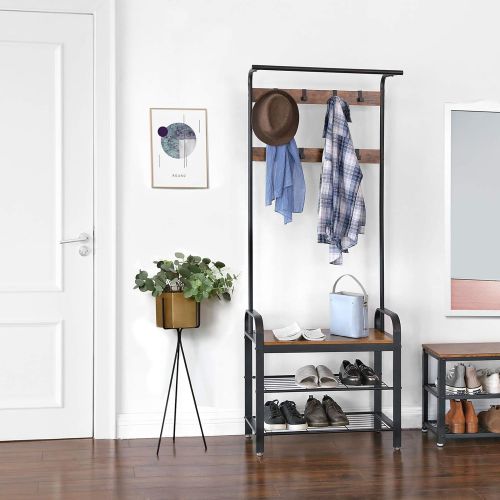  [아마존 핫딜]  [아마존핫딜]VASAGLE Industrial Coat Rack Shoe Bench, Hall Tree Entryway Storage Shelf, Wood Look Accent Furniture with Metal Frame, 3 in 1 Design, Easy Assembly UHSR40B