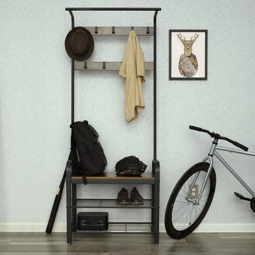  [아마존 핫딜]  [아마존핫딜]VASAGLE Industrial Coat Rack Shoe Bench, Hall Tree Entryway Storage Shelf, Wood Look Accent Furniture with Metal Frame, 3 in 1 Design, Easy Assembly UHSR40B