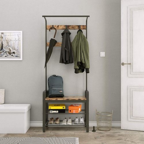  [아마존 핫딜]  [아마존핫딜]VASAGLE Industrial Coat Rack Shoe Bench, Hall Tree Entryway Storage Shelf, Wood Look Accent Furniture with Metal Frame, 3 in 1 Design, Easy Assembly UHSR40B