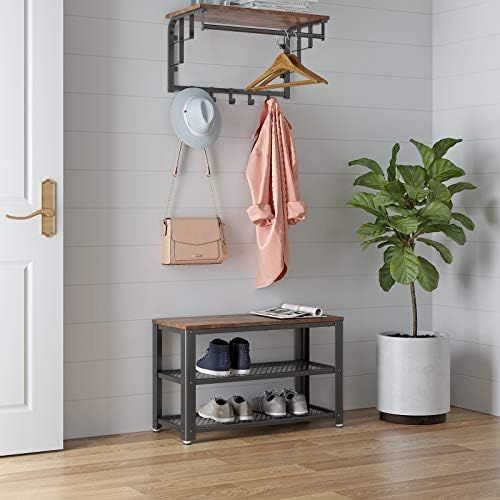  [아마존베스트]VASAGLE Industrial Shoe Bench, 3-Tier Shoe Rack, Storage Organizer with Seat, Industrial, Wood Look Accent Furniture with Metal Frame, for Entryway, Living Room, Hallway ULBS73X