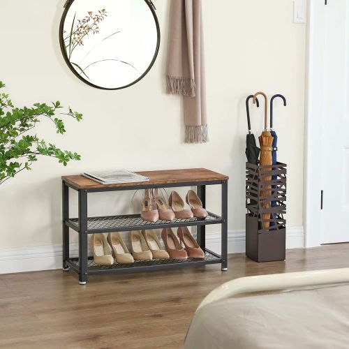  [아마존베스트]VASAGLE Industrial Shoe Bench, 3-Tier Shoe Rack, Storage Organizer with Seat, Industrial, Wood Look Accent Furniture with Metal Frame, for Entryway, Living Room, Hallway ULBS73X