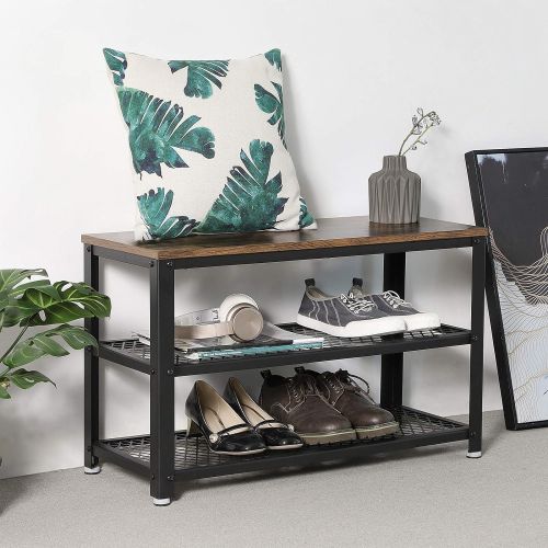  [아마존베스트]VASAGLE Industrial Shoe Bench, 3-Tier Shoe Rack, Storage Organizer with Seat, Industrial, Wood Look Accent Furniture with Metal Frame, for Entryway, Living Room, Hallway ULBS73X