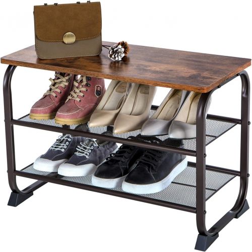  [아마존베스트]VASAGLE Industrial Shoe Bench Rack, 3-Tier Shoe Storage Shelf for Entryway Hallway Living Room, Wood Look Accent Furniture with Metal Frame, Easy Assembly ULMR32A