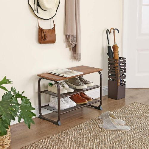  [아마존베스트]VASAGLE Industrial Shoe Bench Rack, 3-Tier Shoe Storage Shelf for Entryway Hallway Living Room, Wood Look Accent Furniture with Metal Frame, Easy Assembly ULMR32A