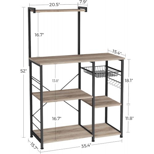  VASAGLE ALINRU Baker’s Rack with Shelves, Kitchen Shelf with Wire Basket, 6 S-Hooks, Microwave Oven Stand, Utility Storage for Spices, Pots, and Pans, Greige and Black UKKS035B02