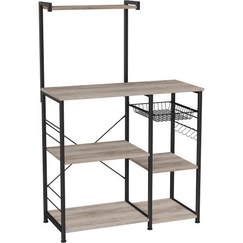  VASAGLE ALINRU Baker’s Rack with Shelves, Kitchen Shelf with Wire Basket, 6 S-Hooks, Microwave Oven Stand, Utility Storage for Spices, Pots, and Pans, Greige and Black UKKS035B02